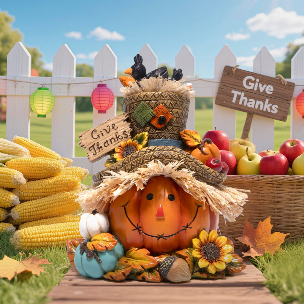 Fall Pumpkin Figurine with Give Thanks Sign, Thanksgiving Decorations