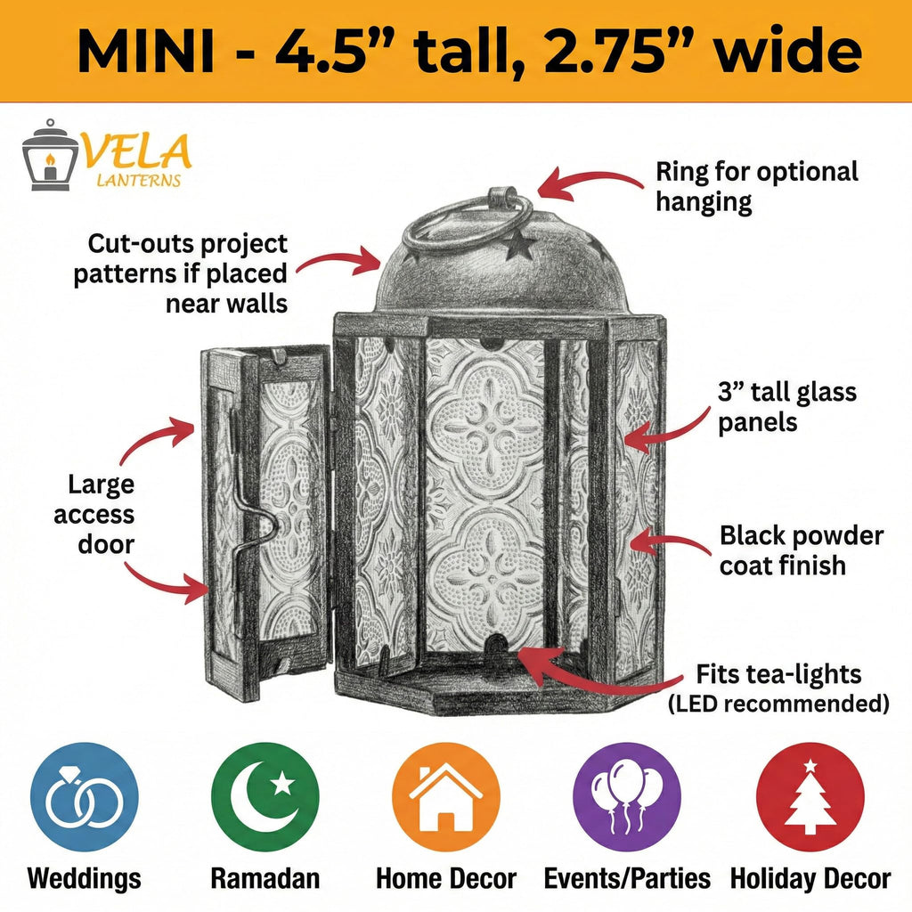 Mini Moroccan Tea Light Candle Holder Lanterns - 4.25" Small Decorative Lantern for Table or Hanging, Metal with