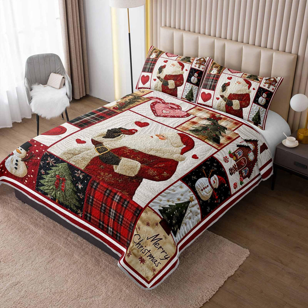 Cute Santa Claus Patchwork Quilt Set Full, Christmas Coverlet Sets.