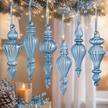 Vintage Glass Christmas Ornaments, Antique, Blue - Set of 6