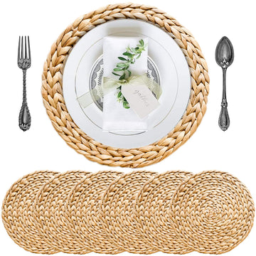 Round Woven Placemats Set of 6, 13.4 Inch Water Hyacinth Charger Plates with Clean Straight Rim, Handwoven Wicker