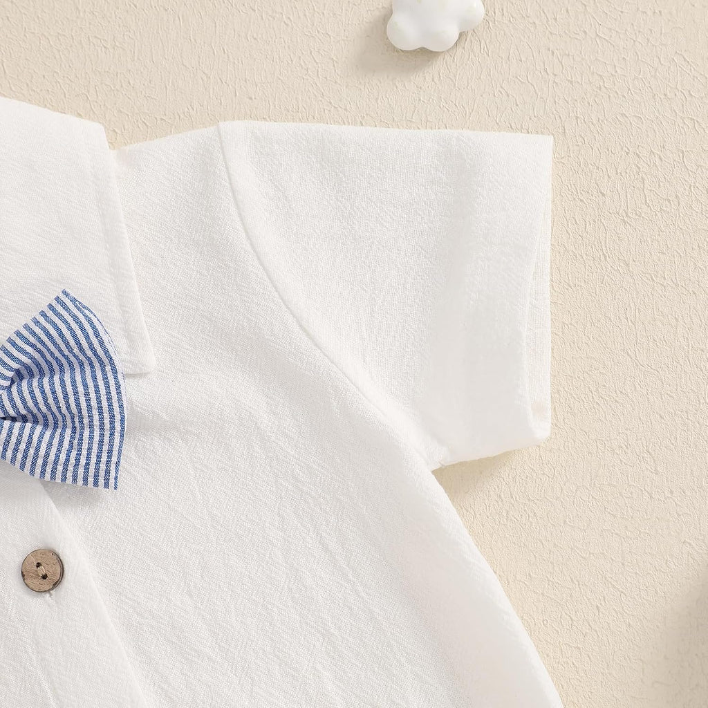 Newbron Baby Boy Summer Outfit Cotton Linen Button Short Sleeve Bowtie Shirt Romper Suspender Shorts Set