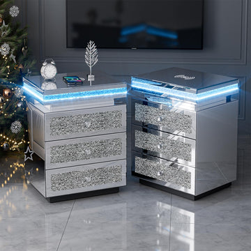 Mirrored Nightstand Set of 2, LED End Table with Wireless Charging Station, Modern Accent Side Table with 3 Crushed