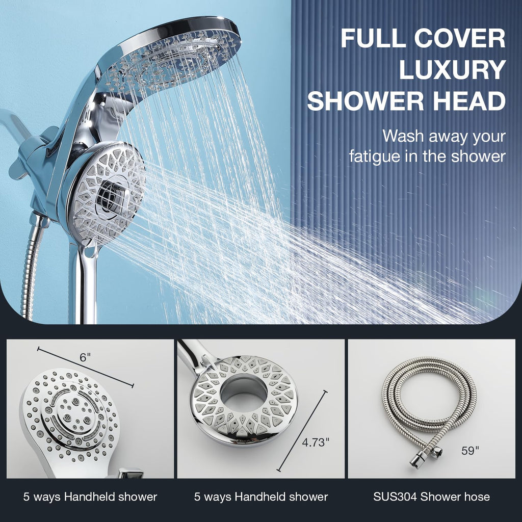 High Pressure Rain Shower Head with Handheld Spray Combo Fixed Showerhead Dual Shower Head Set 10 Sprays Detachable