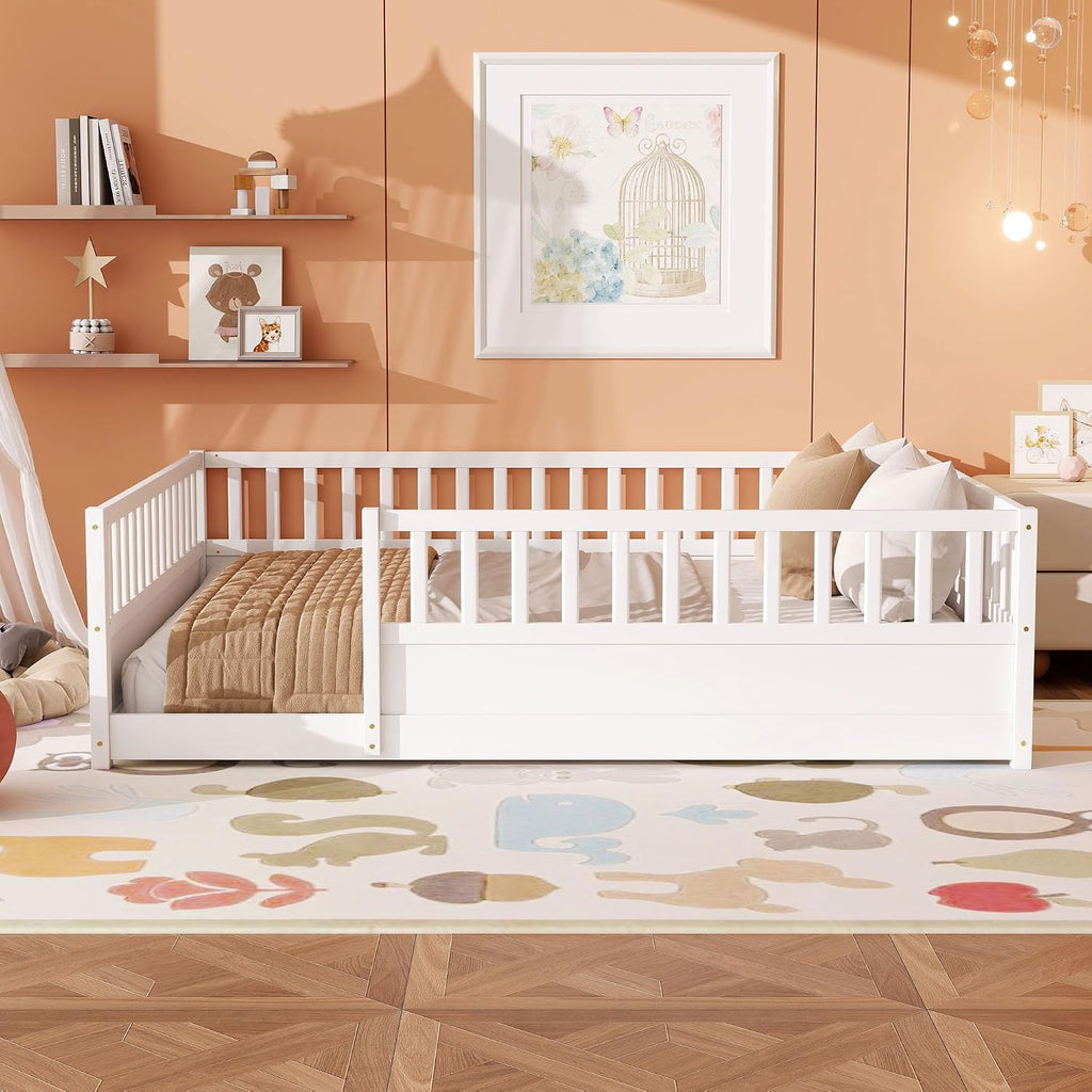 Floor Bed Frame with 21.4" High Fence, Solid Wood Montessori Floor Bed for Kids, Low to Ground