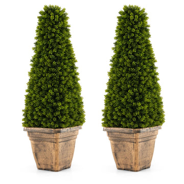 3ft Artificial Boxwood Topiary Tree, 2 Pack Cone-Shaped Faux Potted Plants with Cement Flowerpot, Fake Evergreen