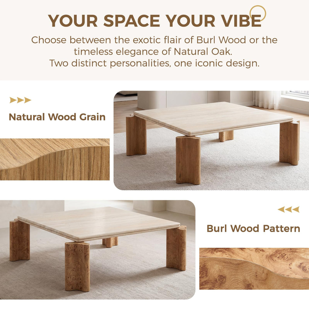 Large Faux Travertine Coffee Table, 47" with Curved Wood Legs