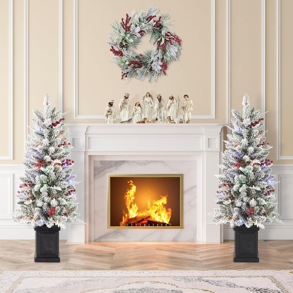 4ft Prelit Christmas Tree Set of 2, Flocked Artificial Christmas Porch Tree with Red Berries and 60 Warm