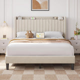Queen Bed Frame with USB Charging Station and Storage Shelf/Upholstered Headboard Platform Bed with Wing Side/Wooden
