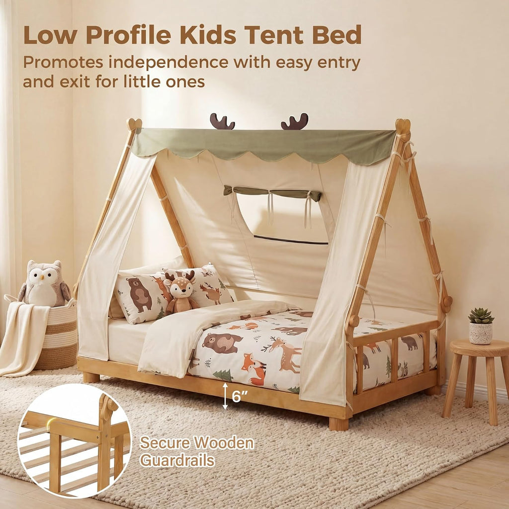 Twin Floor Bed for Kids, House Wood Bed Frame with Tent, Window, Fence Guard Rails, & Wooden Slat Support, No Box
