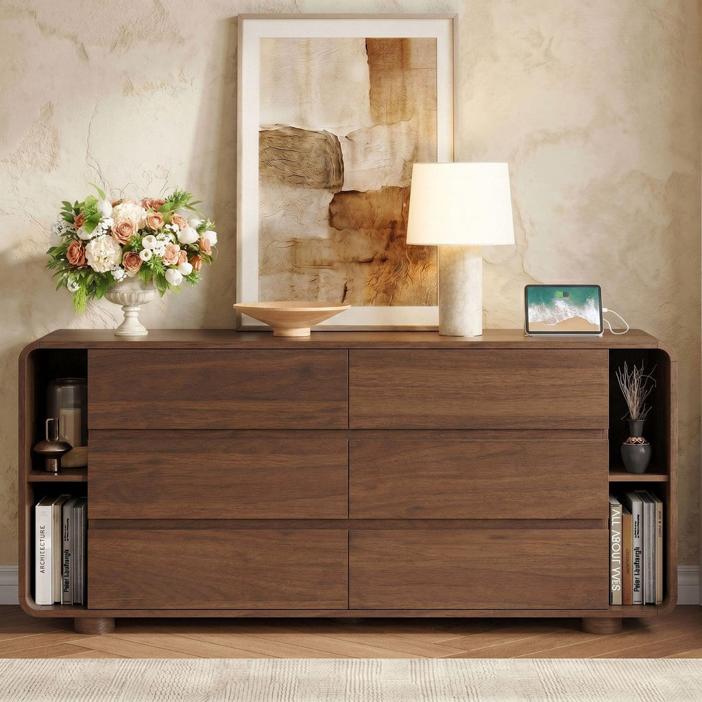 63 Inch 6 Drawer Dresser with Shelves, Rounded Corner, Walnut