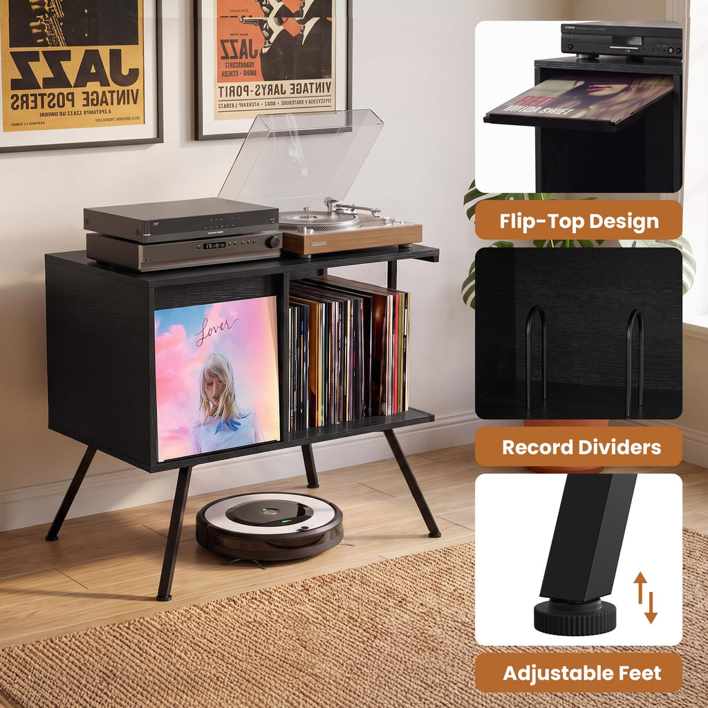Flip Top Record Player Stand with Vinyl Storage Up to 150 Albums