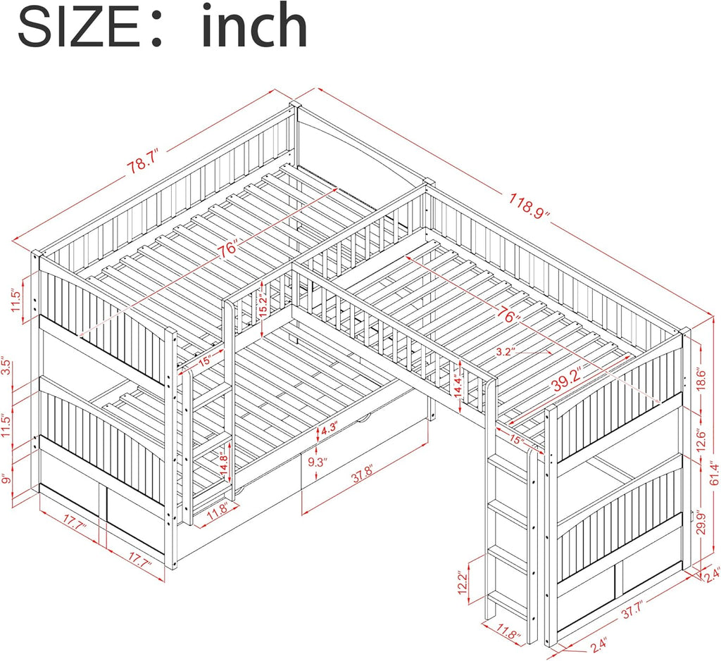 Triple Bed Twin-Over-Twin-Over-Twin Bed L Shaped Bunk Bed with 2 Drawers and 2 Ladders, No Box Spring Needed