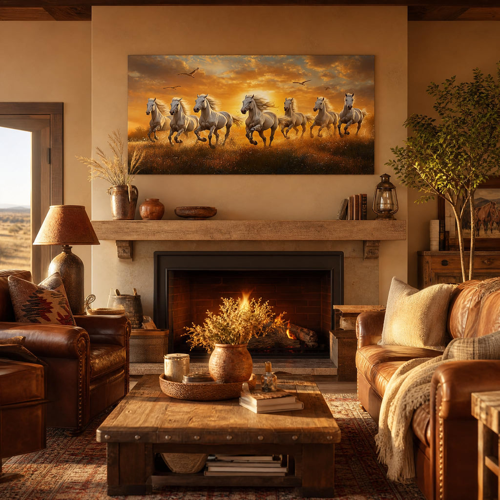 Sunrise Running Horses Canvas Wall Art Majestic White Stallions Galloping in Meadow Sunset Landscape Painting Print