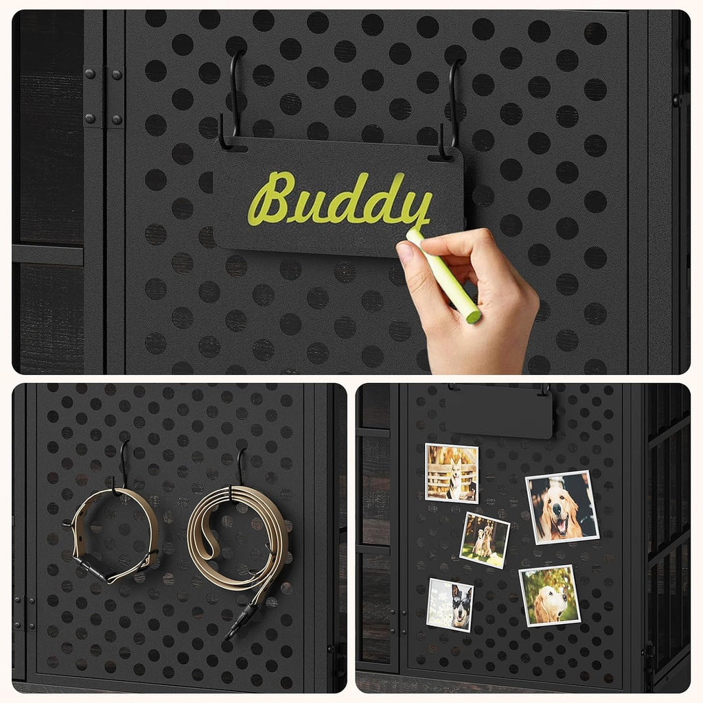 Dog Crate Furniture for 2 Large Dogs, Heavy Duty Indoor Kennel with Removable Divider & Name Tags, TV Stand Cage