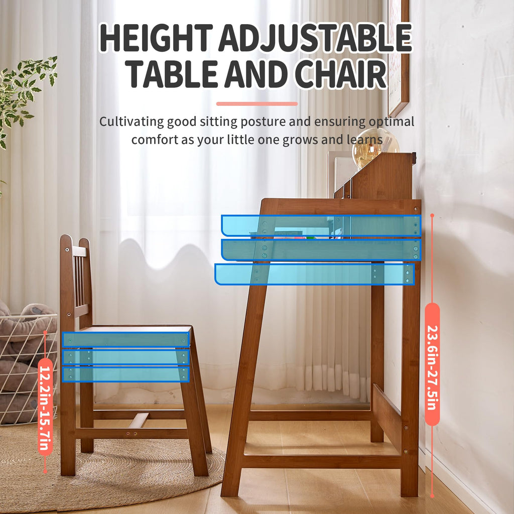 Kids Desk and Chair Set, Height Adjustable Bamboo Study Desk