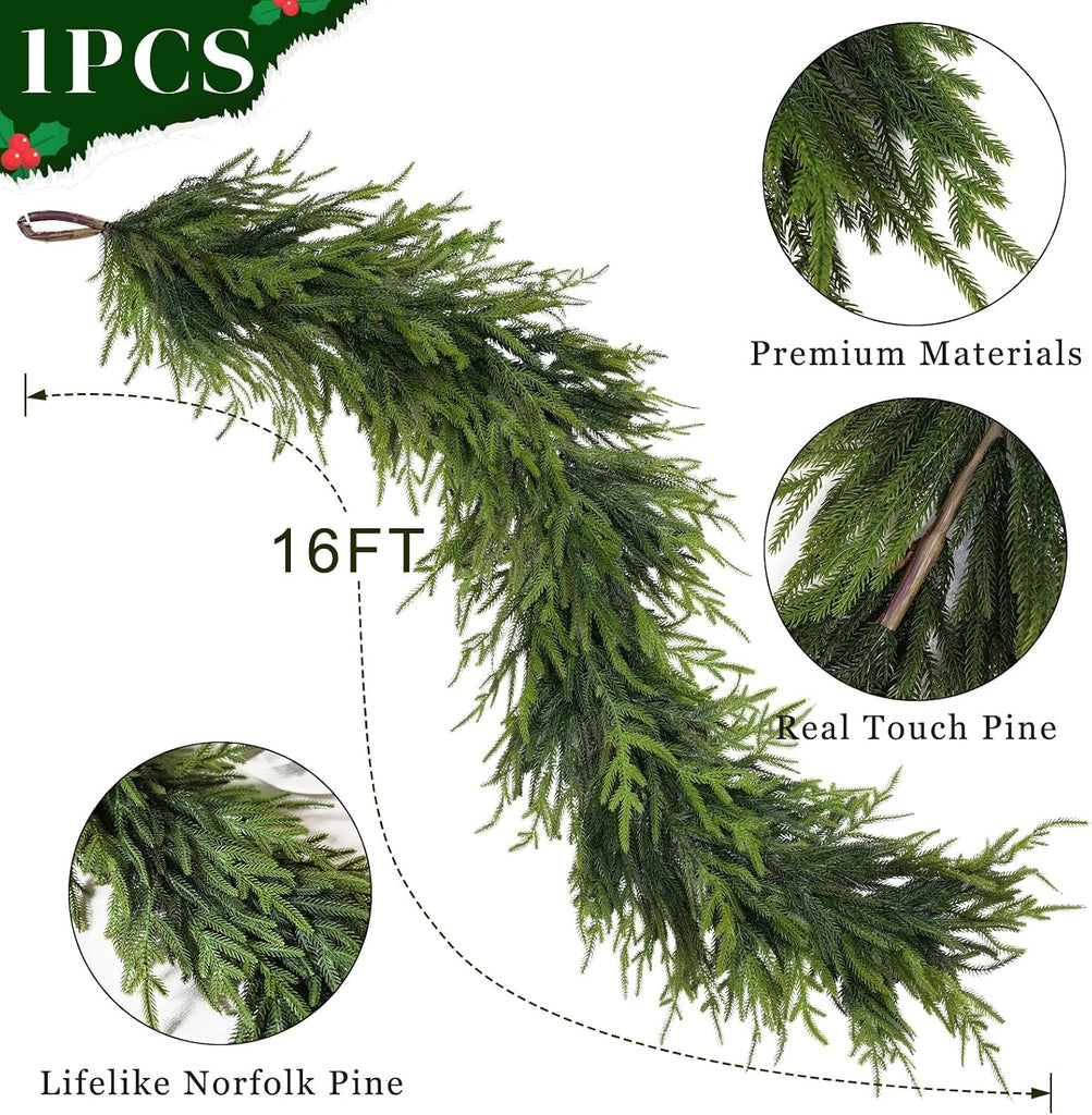Artificial Christmas Norfolk Pine Garland for Stairs Decor (16 FT,1 PCS)