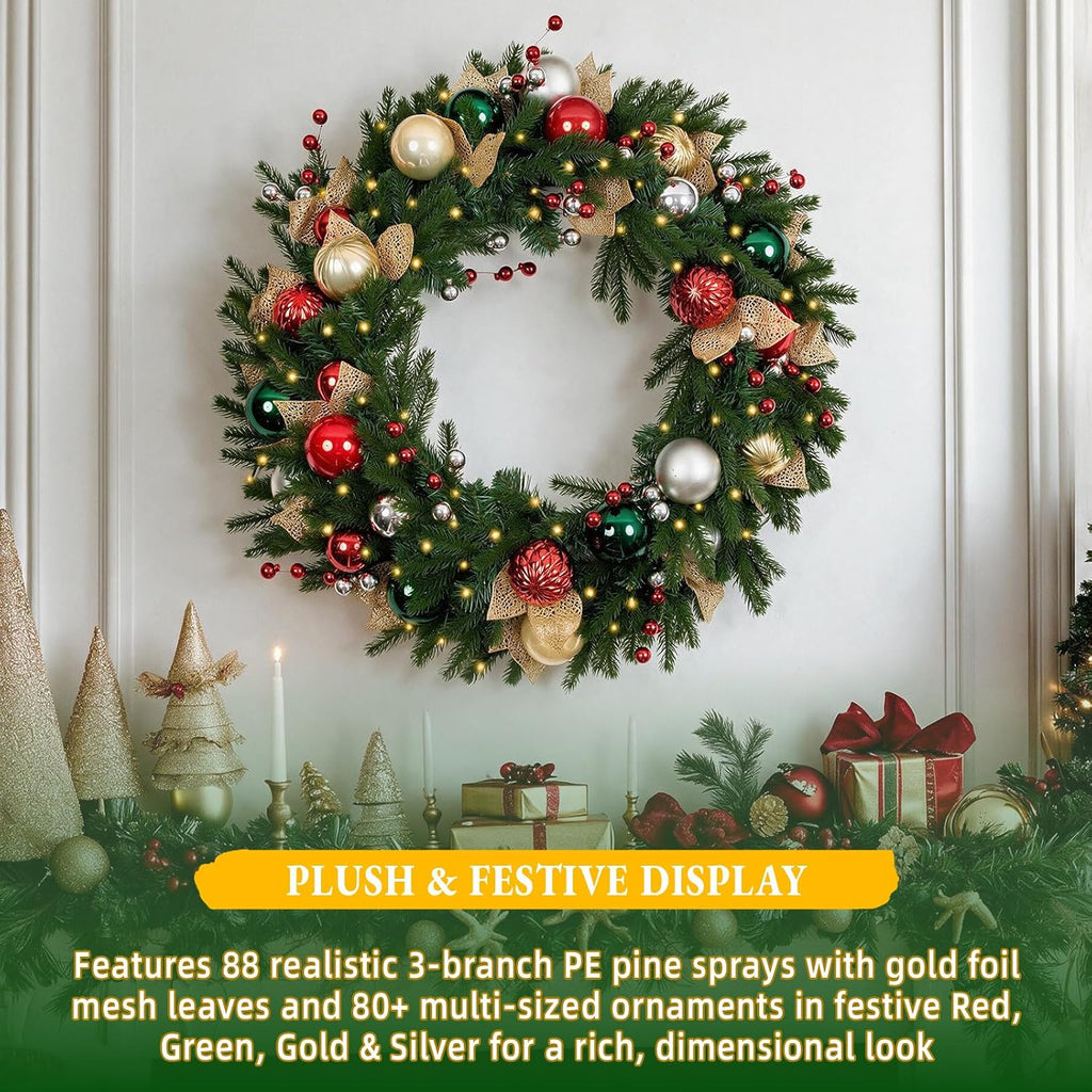 32 Inch Pre-Lit Christmas Wreath with 60 Warm White LED Lights and Timer, Battery Operated Artificial PE & PVC Wreath