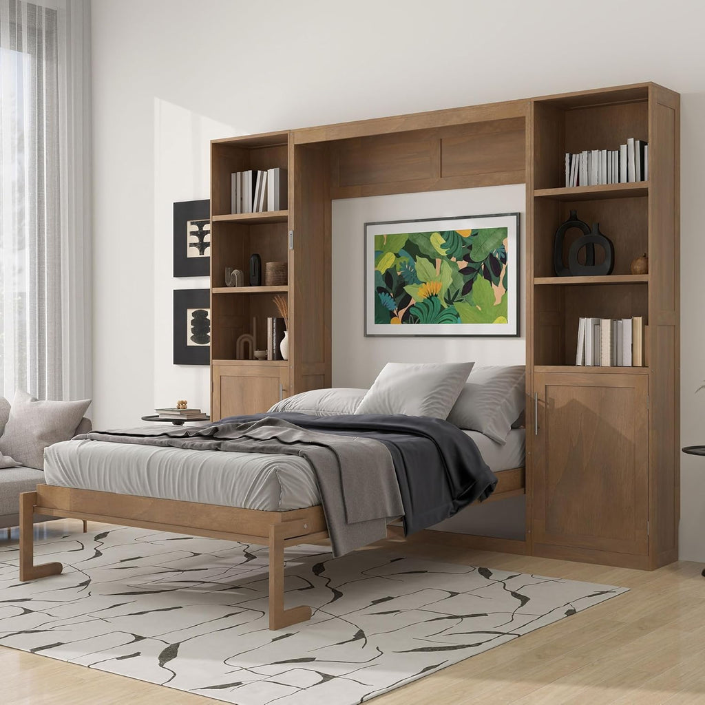 Queen Murphy Bed with Storage, Solid Wood Hidden Wall Bed Frame with Cabinets, Farmhouse Murphy Bed Fame, Can Be