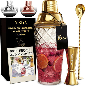 Nikita Cocktail Shaker, 5-Piece Martini Shaker & Bartender Kit with Bar Accessories Strainer, Jigger, Spoon & - Set of 5