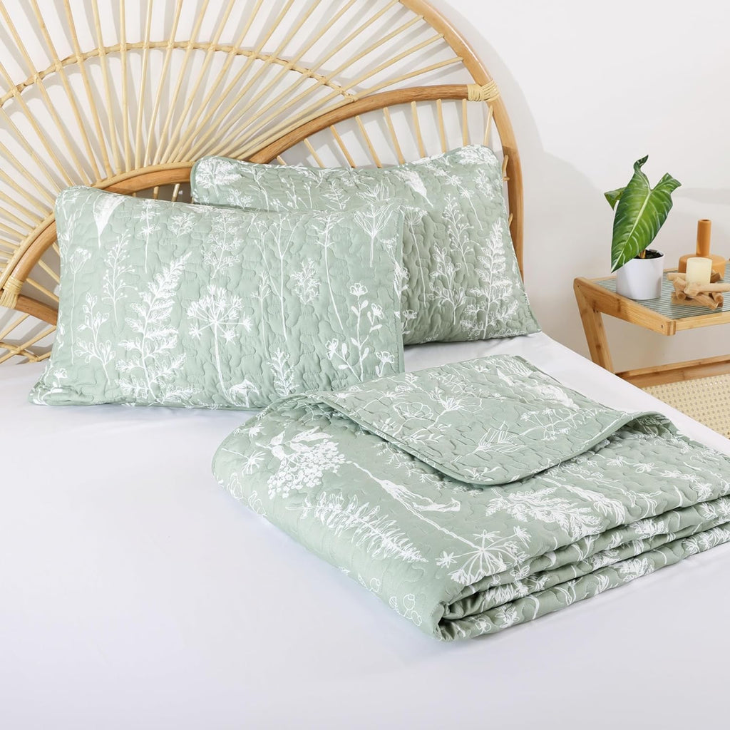 Quilts Queen Sage Green Quilt Botanical with Floral Pattern Microfiber Bedspreads Queen 3 Pieces Lightweight