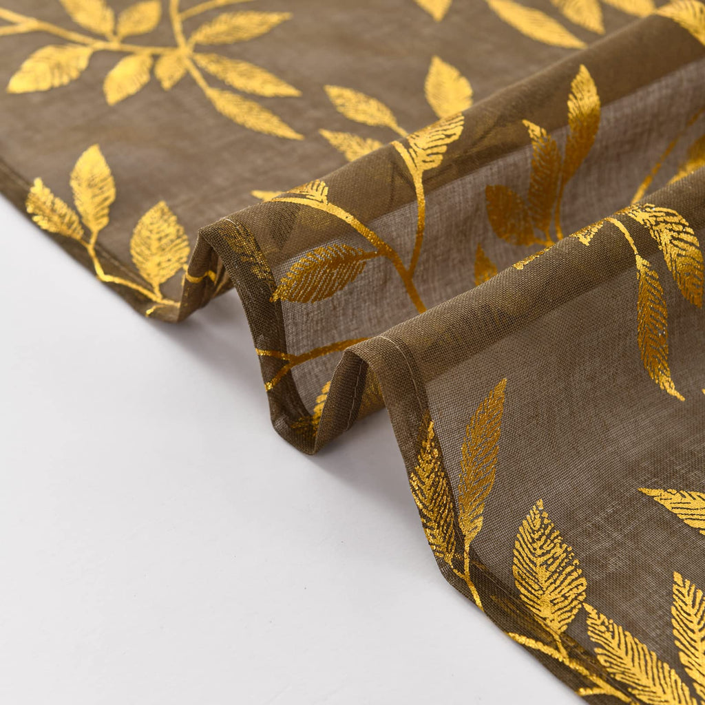 Sheer Curtains 84 Inch Length 2 Panels Set, Luxury Gold Foil Printed Metallic Bronzing Leaves, Privacy Window