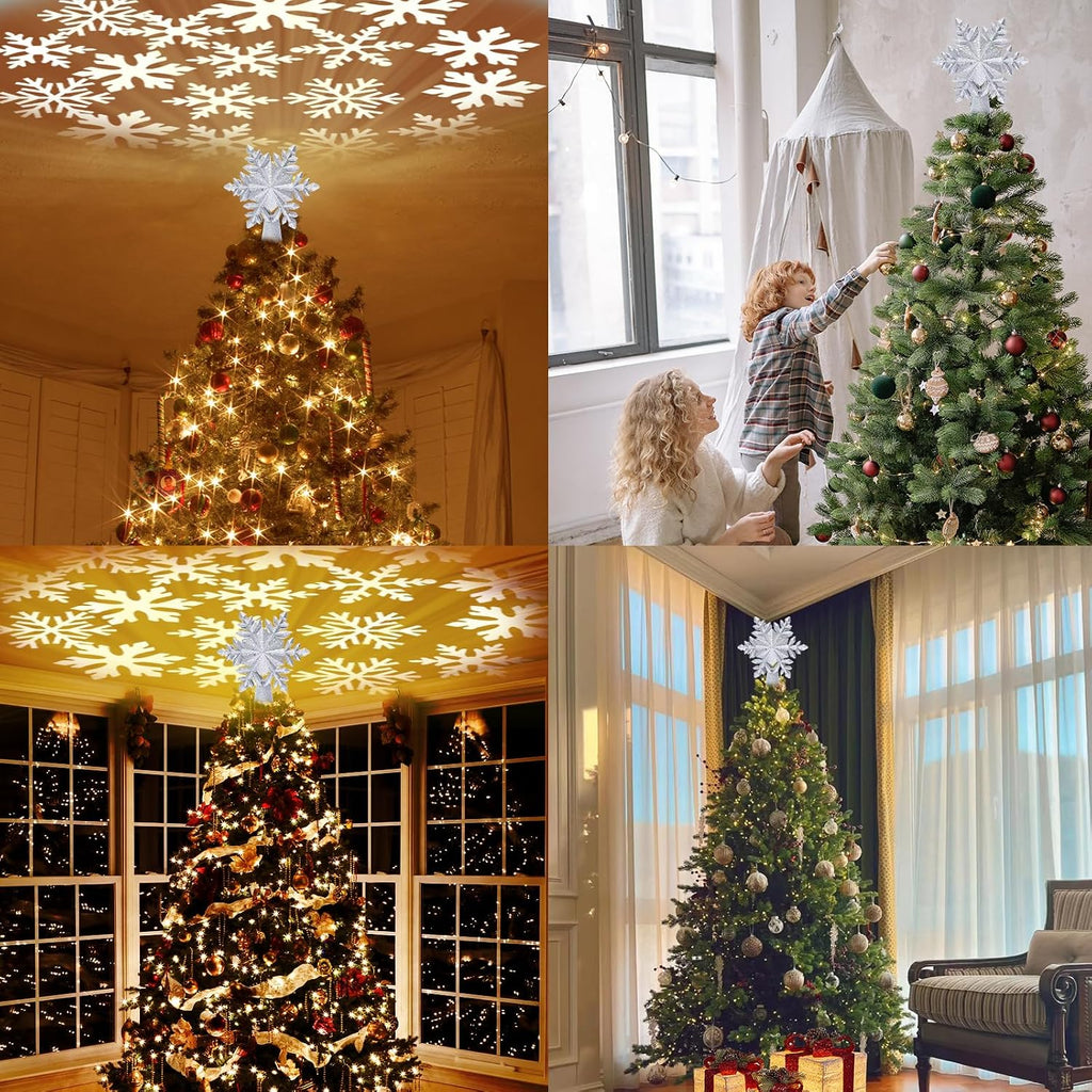 Snowflake Tree Toppers with LED Rotating Lights, Silver