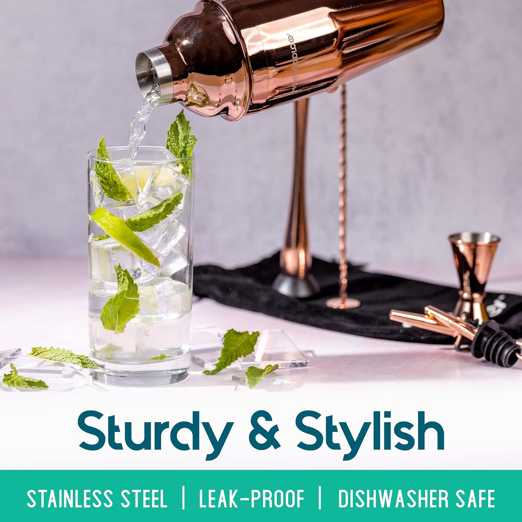 8-Piece Cocktail Shaker Set with Velvet Bag | Complete Kit for Bartenders | Includes Shaker with Strainer, Jigger - Set of 8