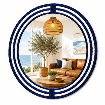 30" Navy Stripe Round Wall Mirror, Handwoven Cotton Rope Frame