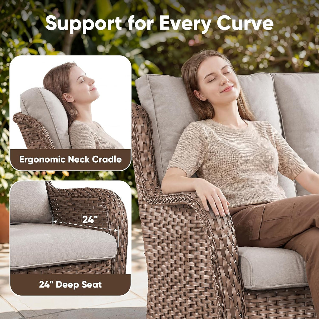 Patio Sofa Luxury PE Wicker 3-Seater Outdoor Couch, Modern All-Weather High Back Deep Seat Woven Furniture Set for