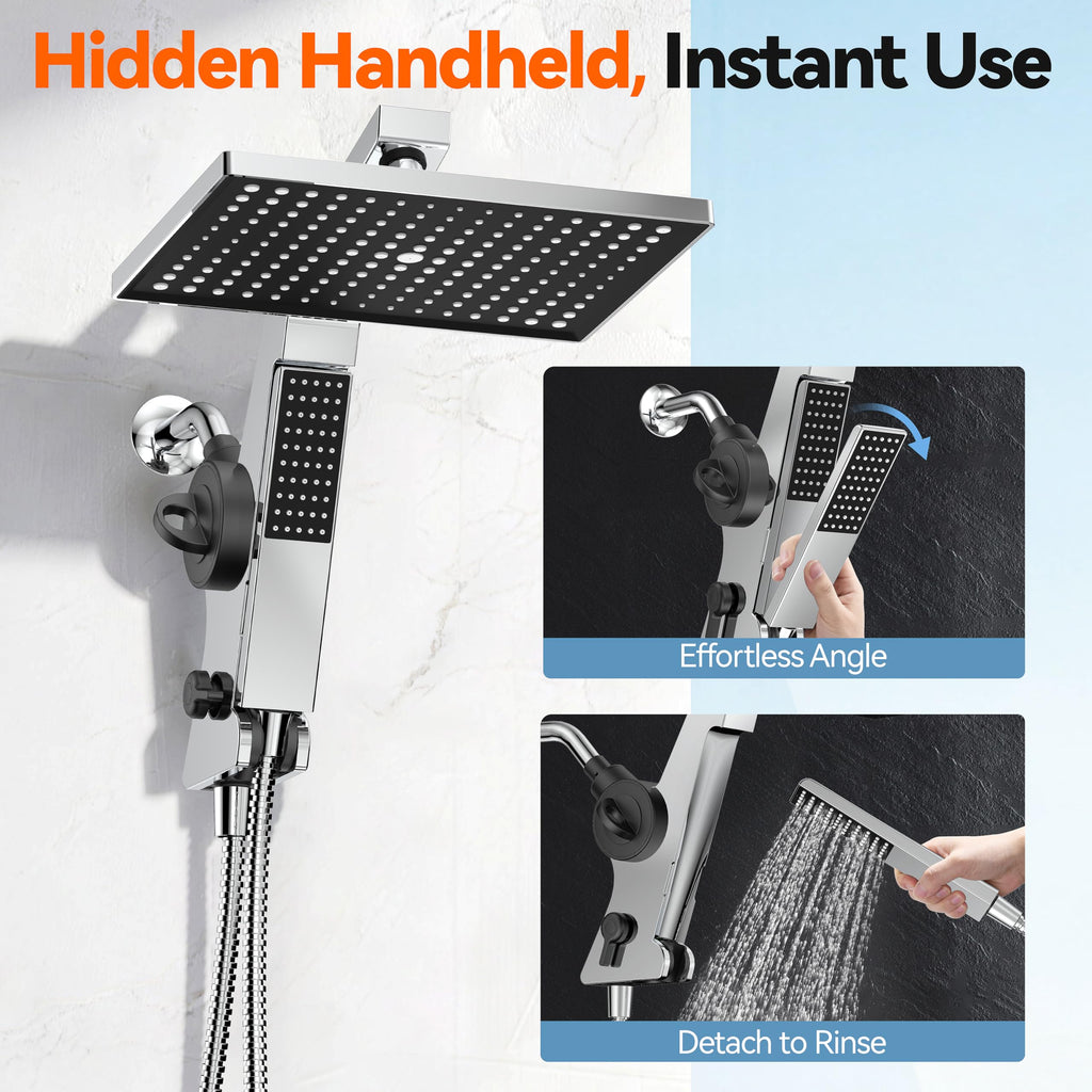 Filtered Rain Shower Head with Handheld Combo High Pressure 12'' Rainfall Shower Heads & Hidden Detachable Wand Dual
