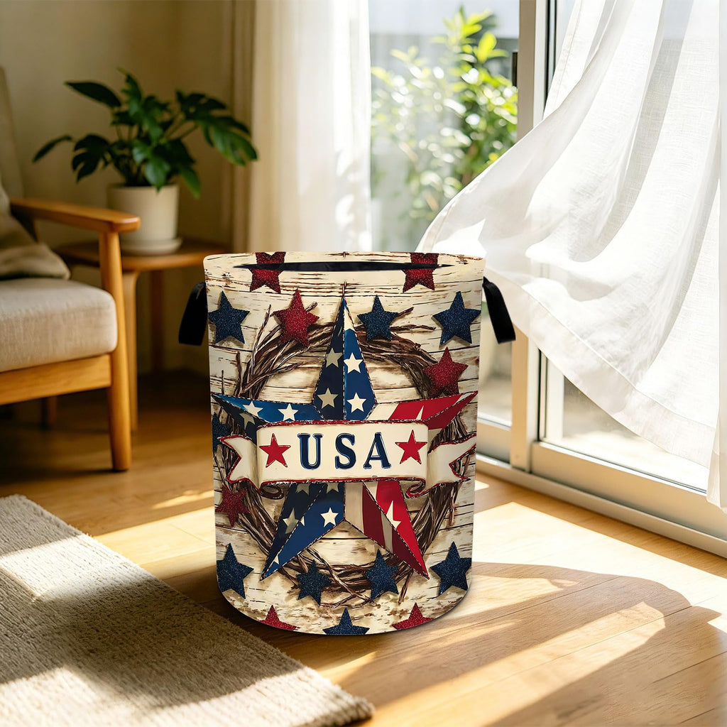 4th of July Wooden Print Star Laundry Basket Foldable Laundry Hamper With Handles Clothes Storage Bucket Organizer