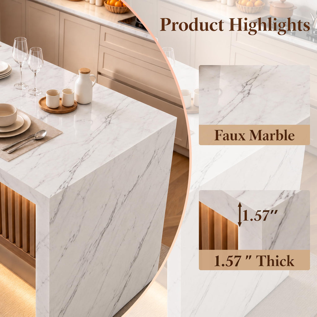 71" Kitchen Island Table with Faux Marble Top, 37.4''H Tall Modern Dining Table with LED Lights for 6 People