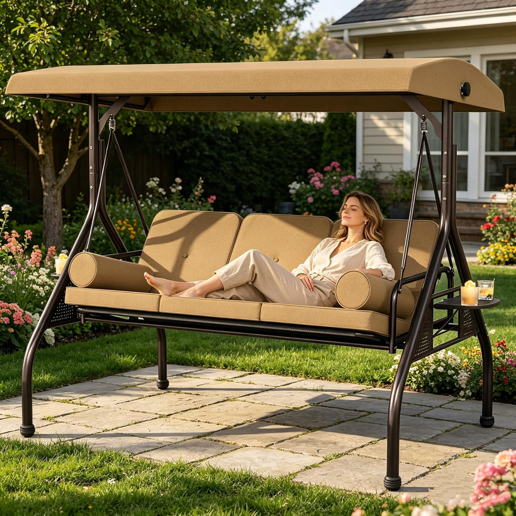 Outdoor 3 in 1 Porch Swing Chair, 3 Seat Patio Swing Glider with Adjustable Canopy, Heavy Duty Swings with Thickened