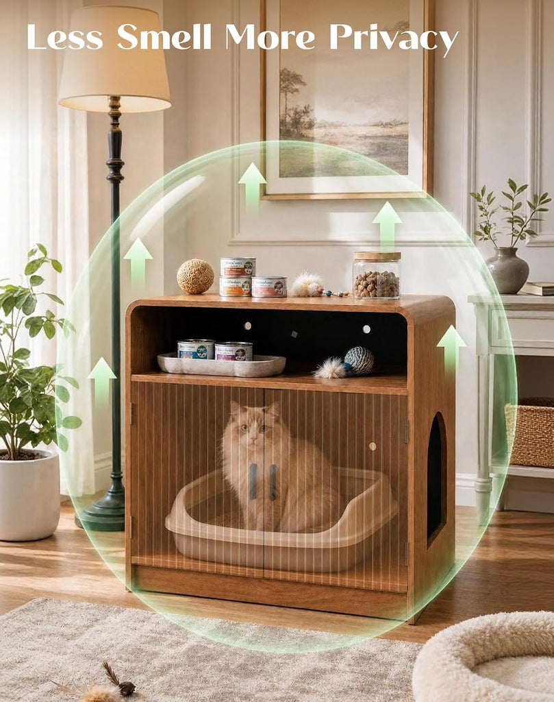 Cat Litter Box Enclosure Furniture with Hidden Storage Cabinet, Open Shelf, Fluted Doors and 27.56 inches Wood Grain