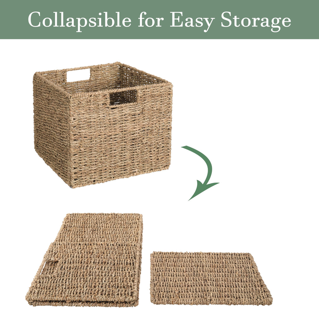 12x12x10in Seagrass Storage Baskets Set of 4, Large Wicker Storage Basket, Decorative Seagrass Shelf Basket, Pantry