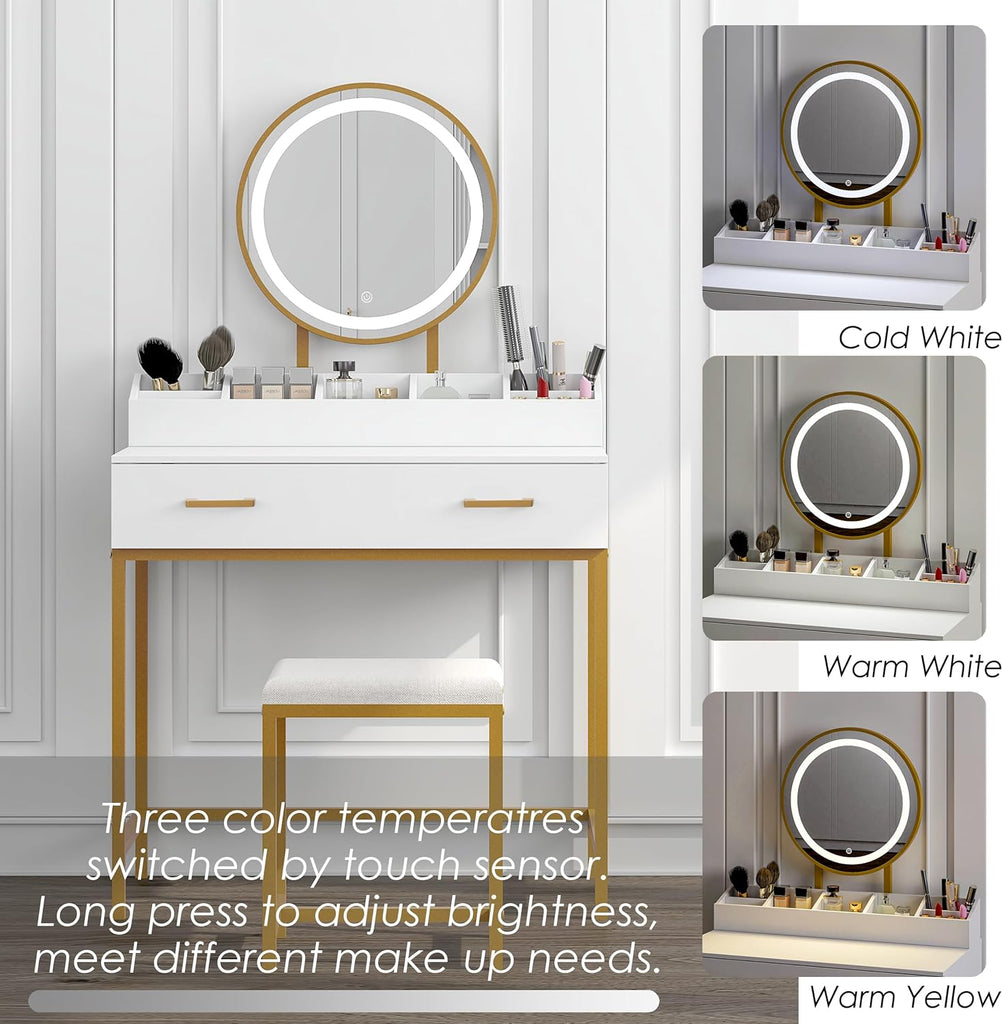 Makeup Vanity Desk with Mirror and Lights, Makeup Vanity Set with Drawers, Small Dressing Up Table, 3 Lighting Modes