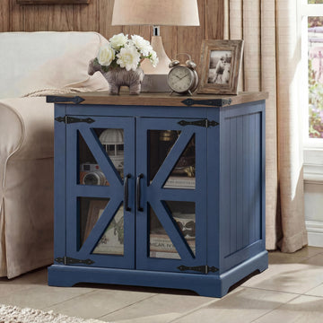 Farmhouse End Table, 24" Large End Tables with Storage, Rustic Square Sofa Beside Table with Glass Barn Door, Wood