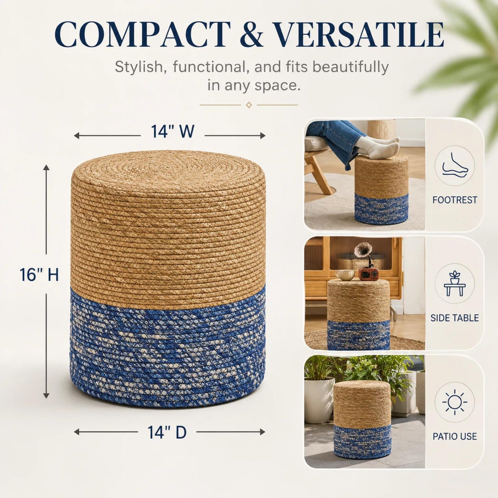 Natural Seagrass Foot Stool, Hand Weaving Round Ottoman, Outdoor Seat (Natural & Blue)