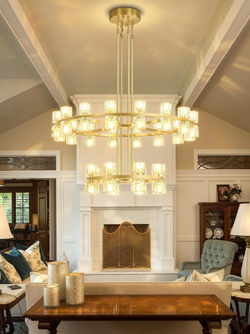 Inspired Arcachon Style 2-Tier Round Wagon Wheel Chandelier, 16" + 32" 48-Light Gold — Foyer, Great Room & Dining