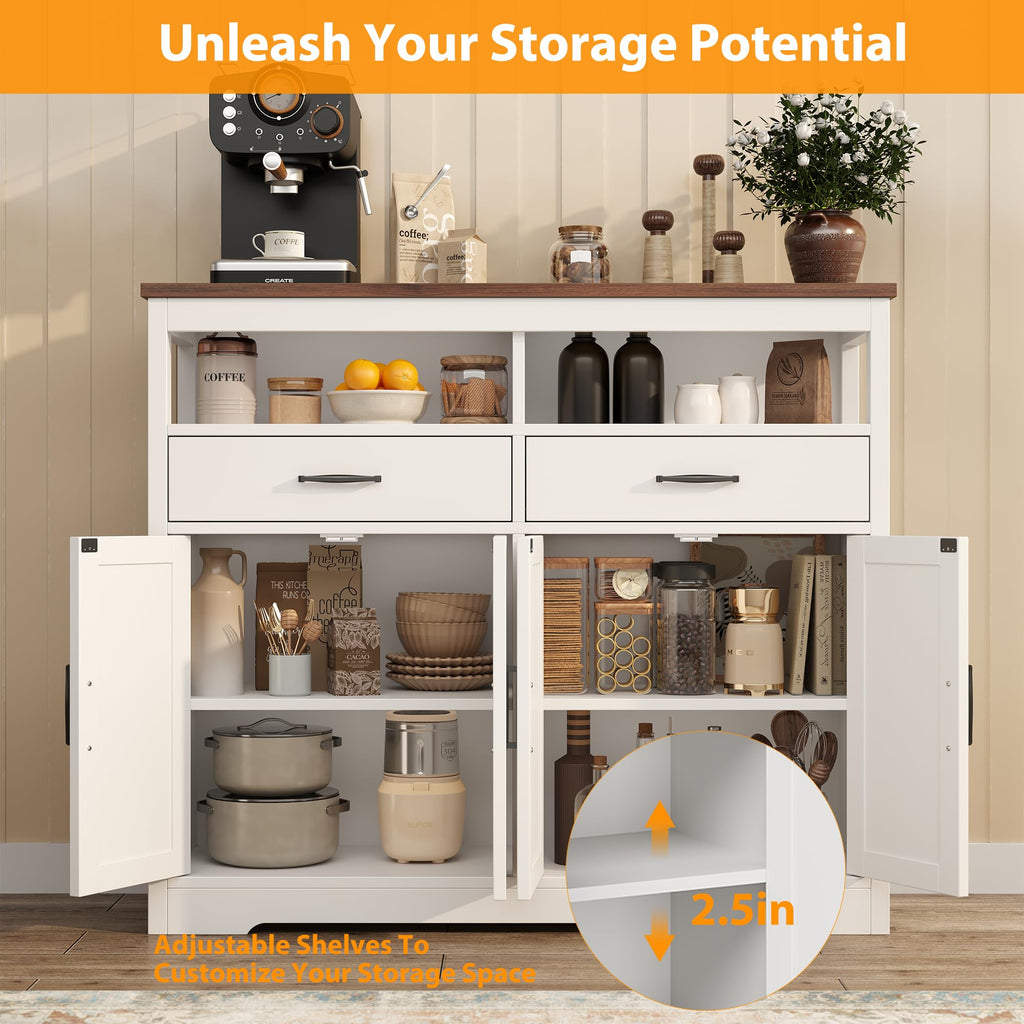 Sideboard Buffet Cabinet with Storage & Shelves, Farmhouse Kitchen Storage Cabinet Wood Coffee Bar Sideboard Cabinet