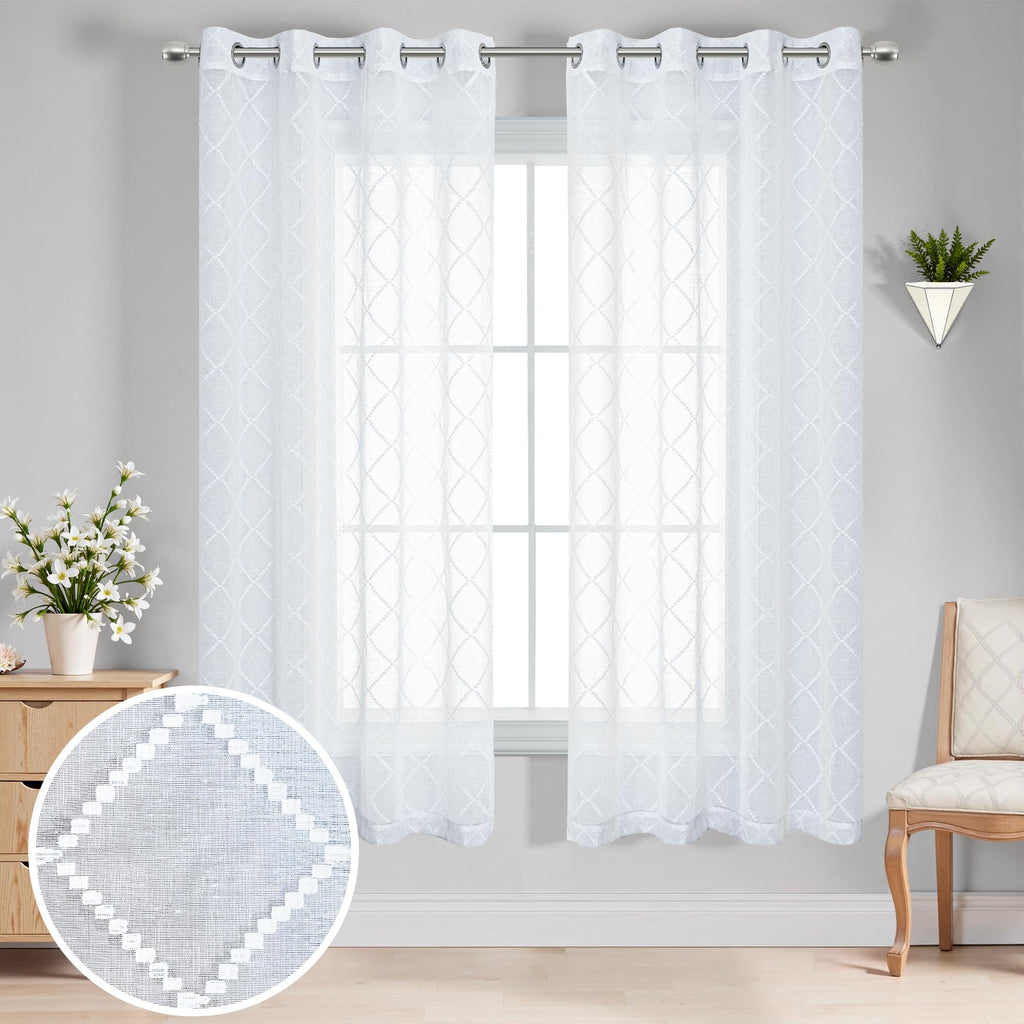 White Sheer Curtains 63 Inch Length, Lattice Diamond Pattern Light Filtering Non See Through Curtains Dining Room