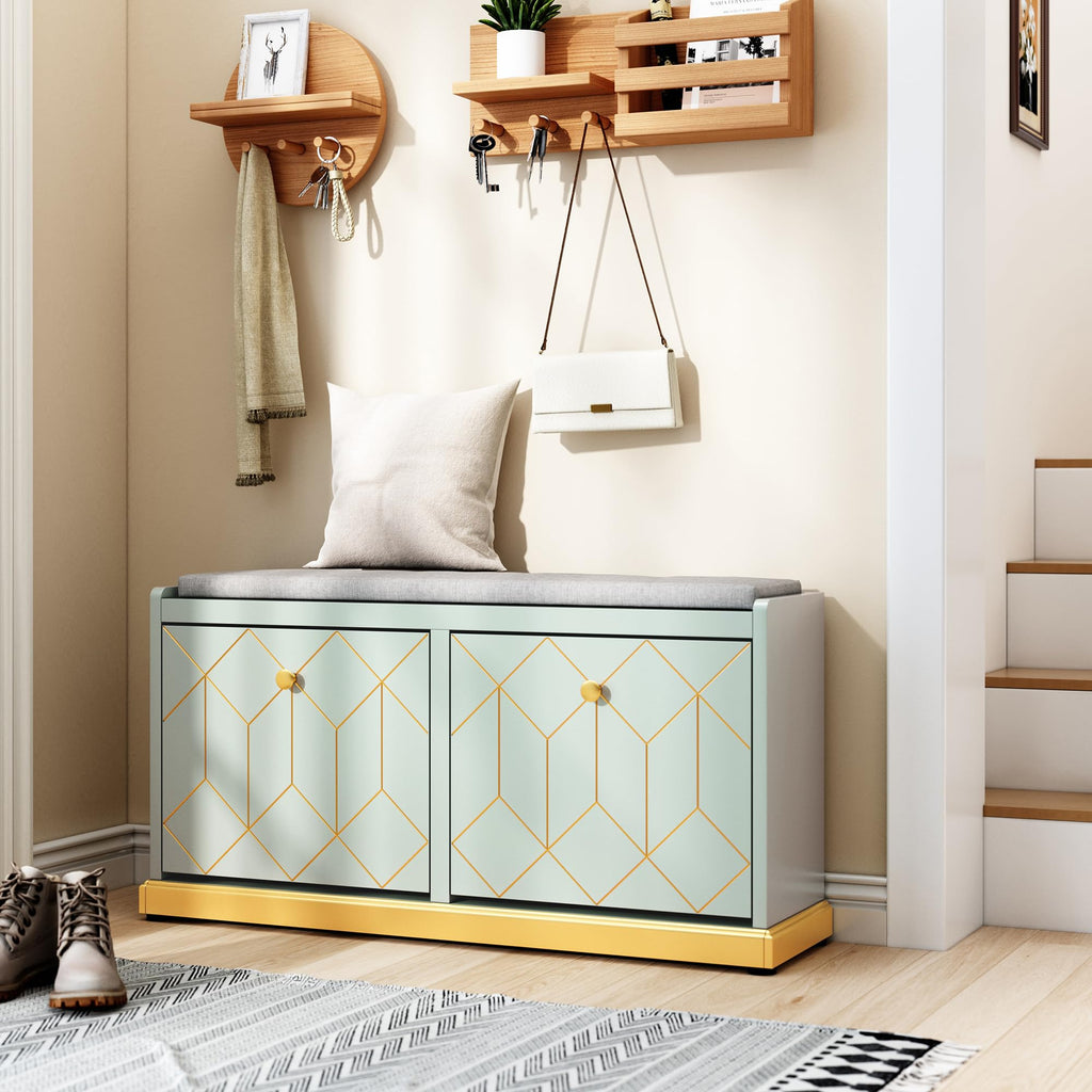 Shoe Storage Bench with 2 Flip Drawer & Padded Cushion Seat