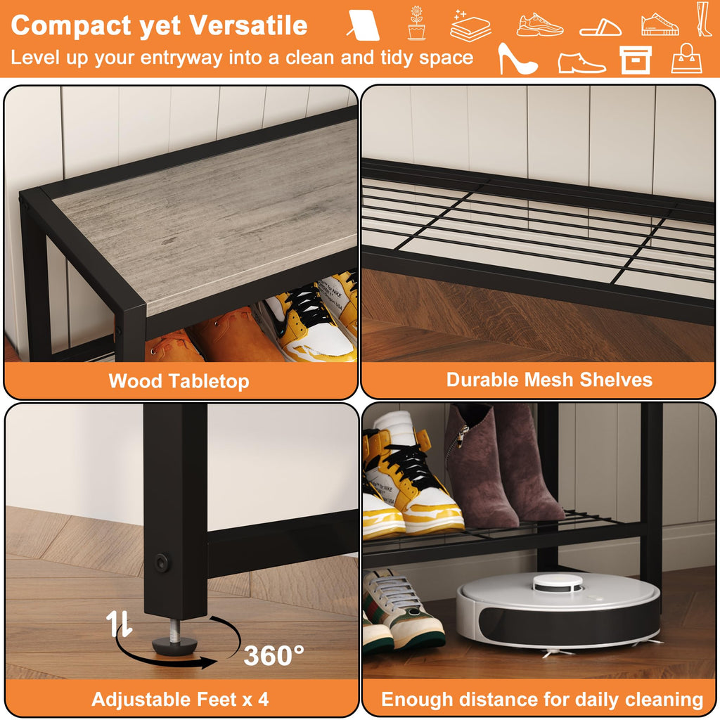 2 Tiers Shoe Bench, Retro Industrial Shoe Storage Bench with Mesh Shelf and Sturdy Metal Frame, Metal Shoe Rack Bench