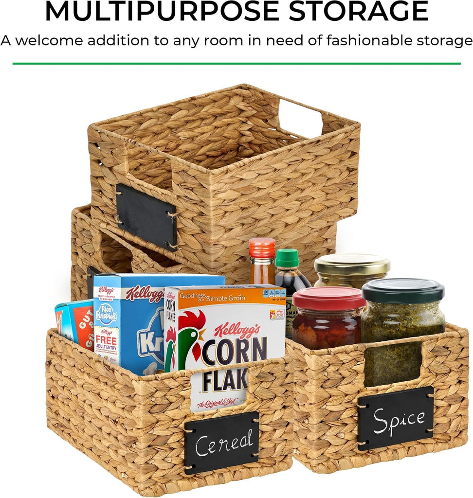 Water Hyacinth Storage Basket, Set of 6 Woven Wicker Baskets for Organizing with Chalkboard Labels and Chalk Marker