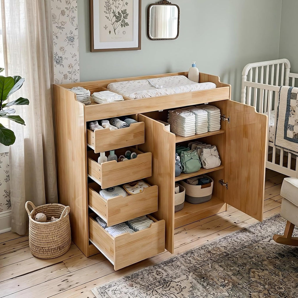 Nursery Dresser with Changing Table Top, 47.2" W Baby Dresser with 4 Drawers & Raised Guard, Solid Wood Infant Diaper
