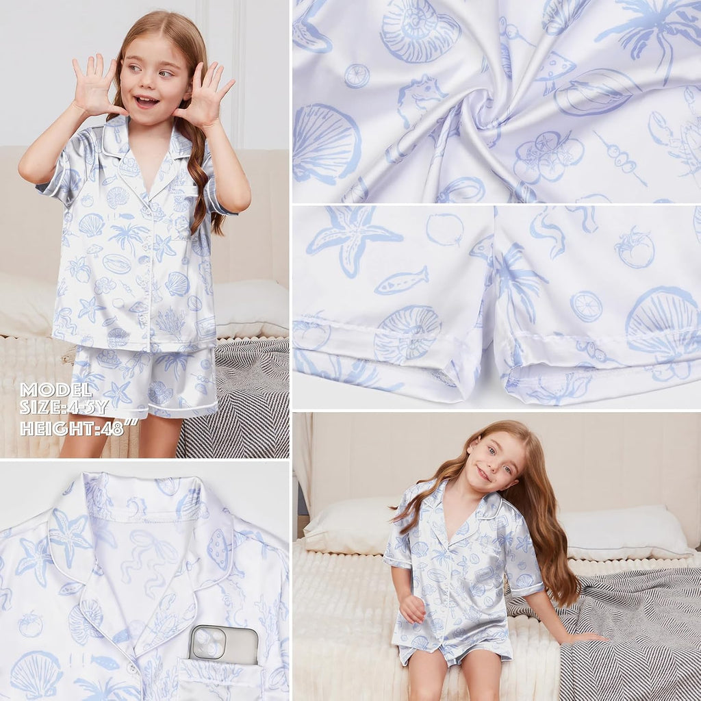 Kids Satin Pajamas Boy Girl Button-Down Silk Sleepwear 2 Piece Pjs