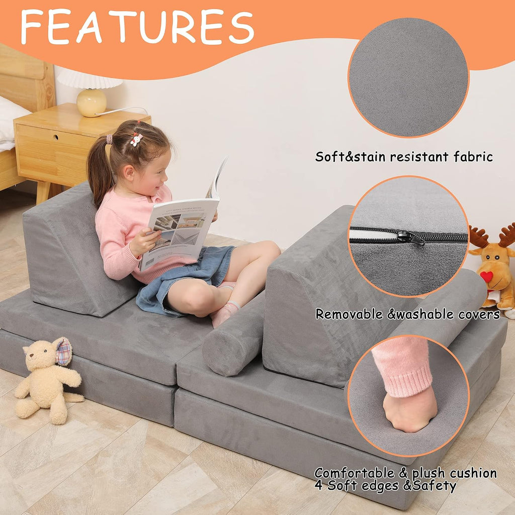 Modular Kids Play Couch, Kids Couch Building Fort for Playroom, Children Convertible Foam Cushion for Boys and Girls