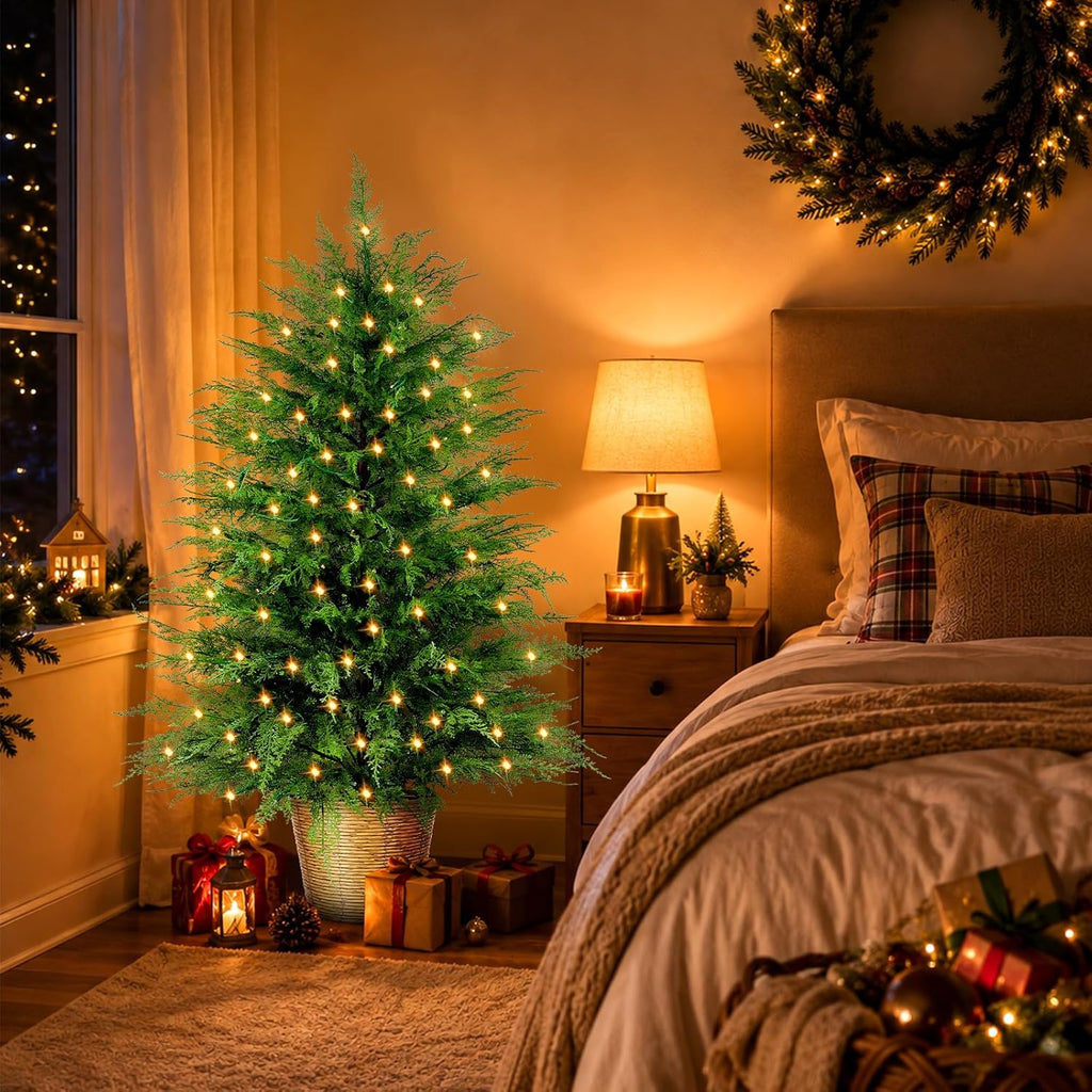 4FT Prelit Artificial Cedar Christmas Tree with Lights Plug in Power, Faux Cedar Potted Christmas Tree in Decorative