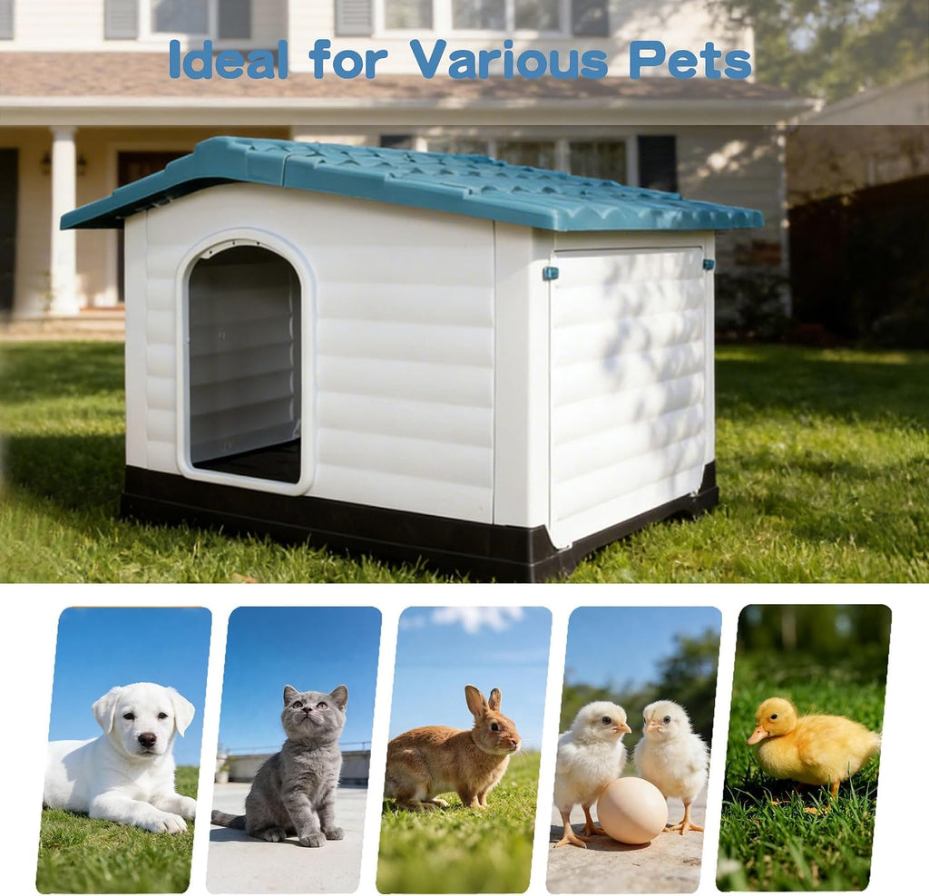 Elevated Weatherproof Plastic Dog House with 2 Doors & Fold-Out Porch - Raised Floor Outdoor Kennel for Large Dogs up
